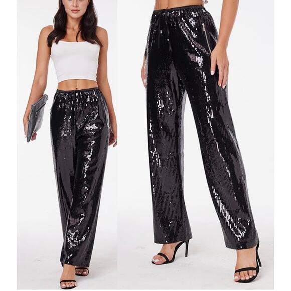 MsKIN6 Womens Black Sequin Shiny Loose Fit Wide Leg Dress Party Pants Size Large - Picture 13 of 13